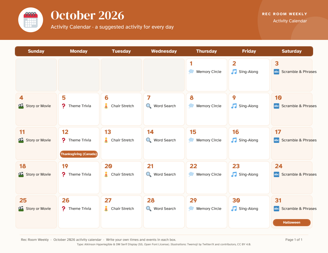 Monthly activity calendar